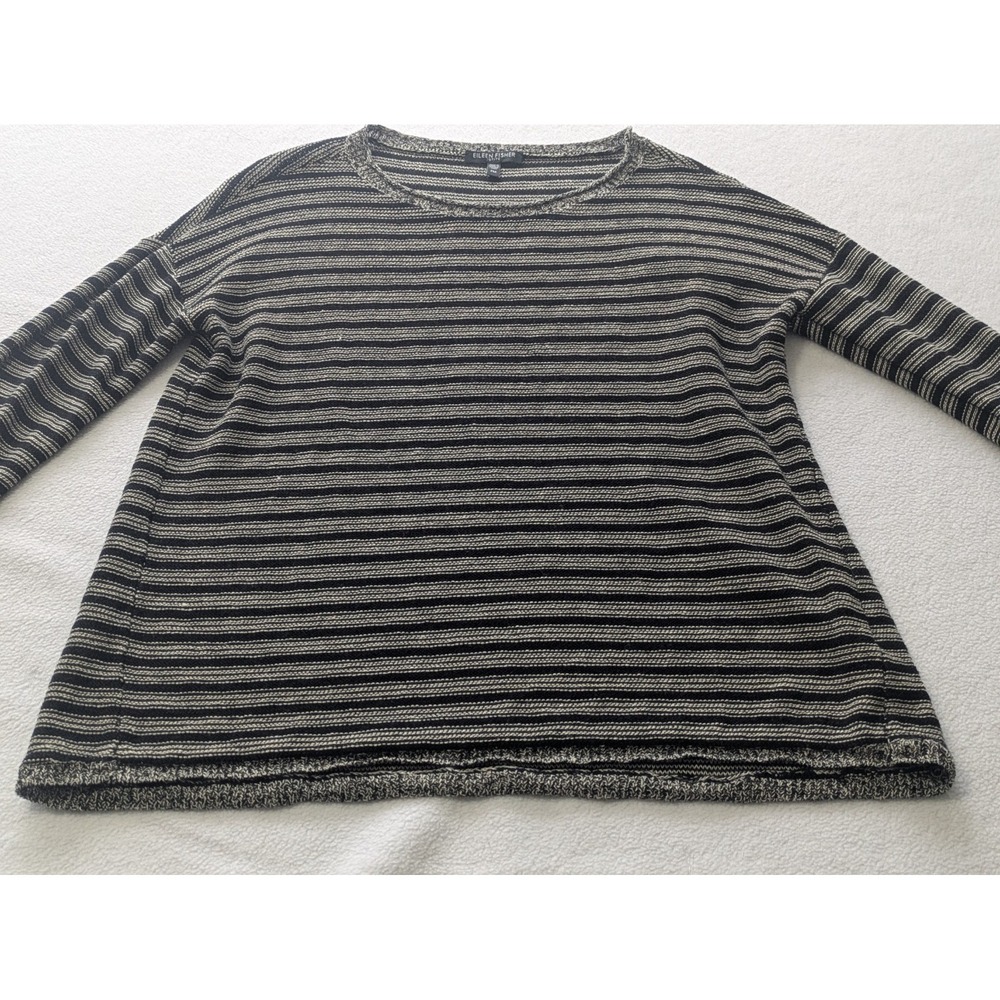 EILEEN FISHER Wool Linen Sweater Petite Med Black Striped Luxury Comfy Mature